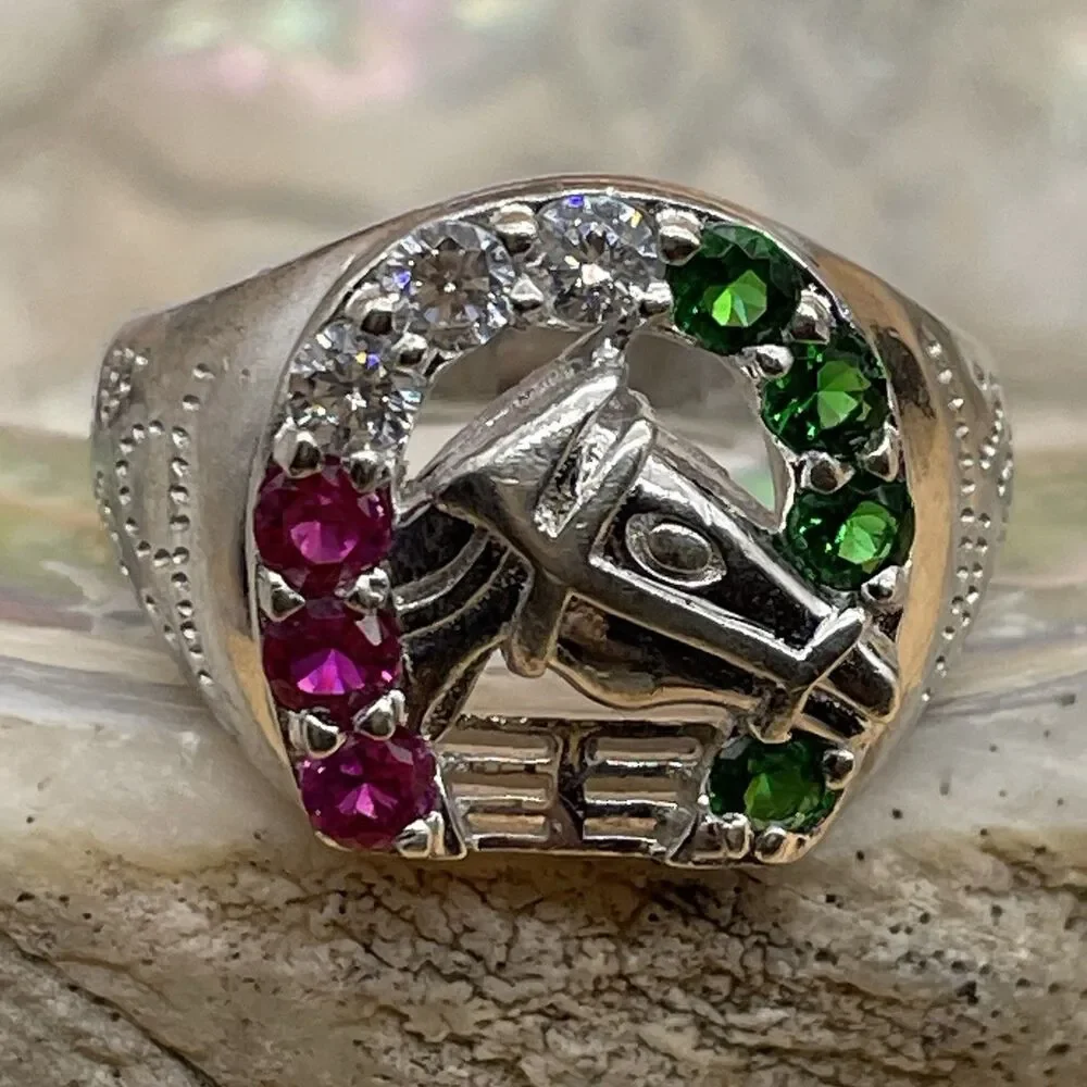 Horseshoe Ring Sterling Silver .925 Men’s Size 8 Red Ruby White Green Glass